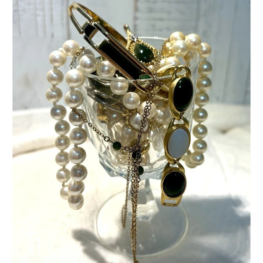 Vintage Green Faux Pearl Jewelry Lot Gold Tone Necklace Bracelet Earrings Glass